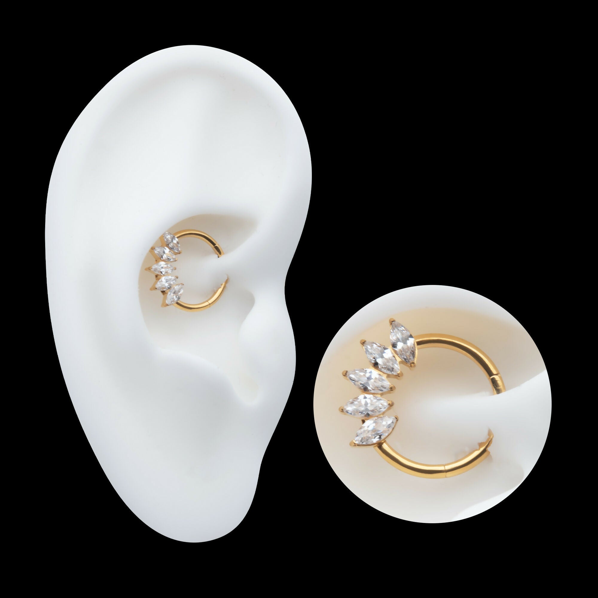 24Kt Gold PVD Titanium 5-Cluster Marquise CZ Front Facing Hinged Segment Clicker Hoop Earring / Nosering