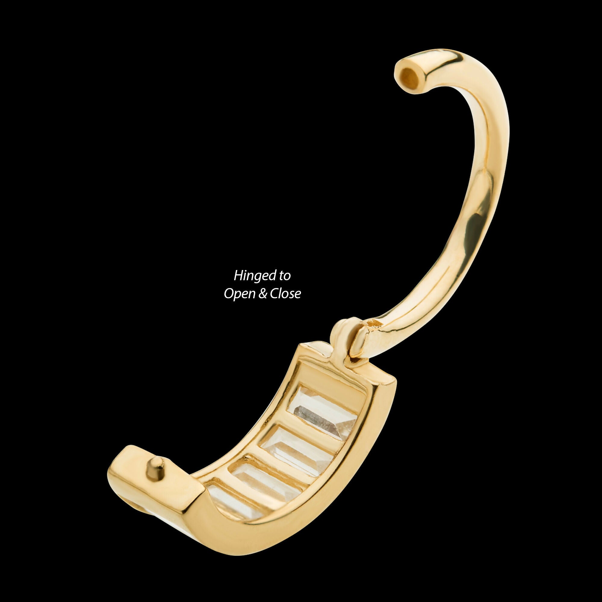 6 Baguette Clear CZ Side Facing Hinged Segment Clicker Hoop Earring / Nosering – 14Kt Gold