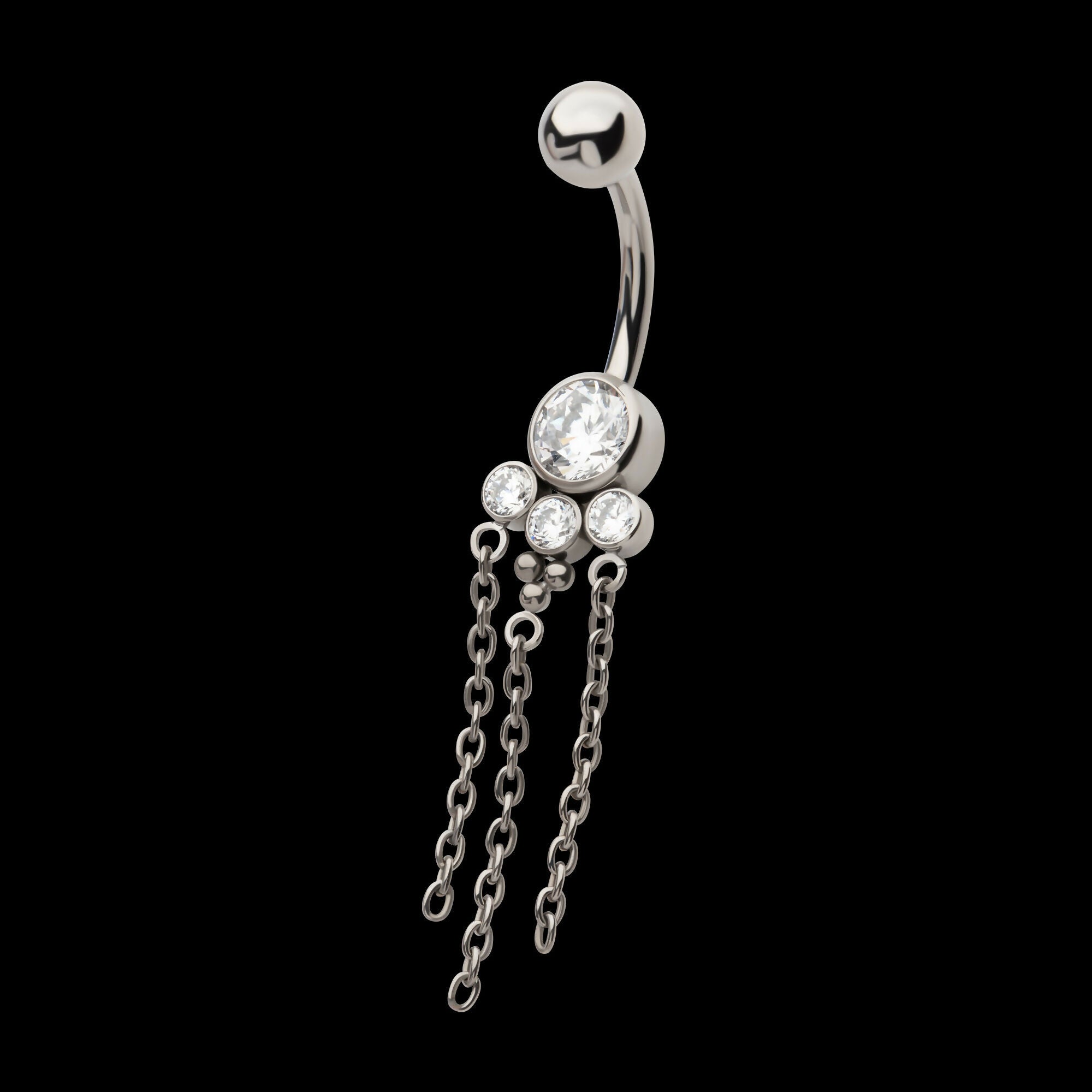 Internally Threaded Bezel Set Round Gem Cluster Navel with Tri-Bead and Triple Chain Dangle Earring / Nosering – Titanium