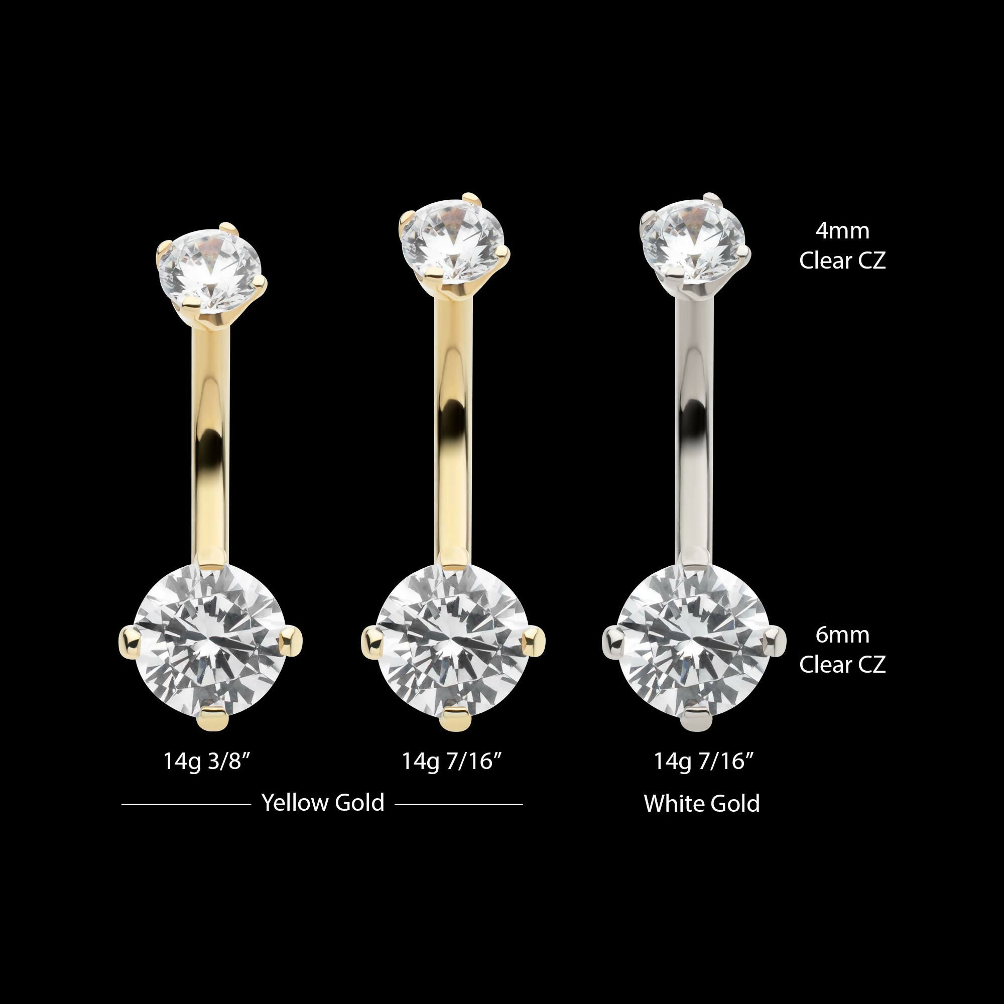 14Kt Gold Internally Threaded Double Round 4-Prong Clear CZ Fixed Bottom Navel