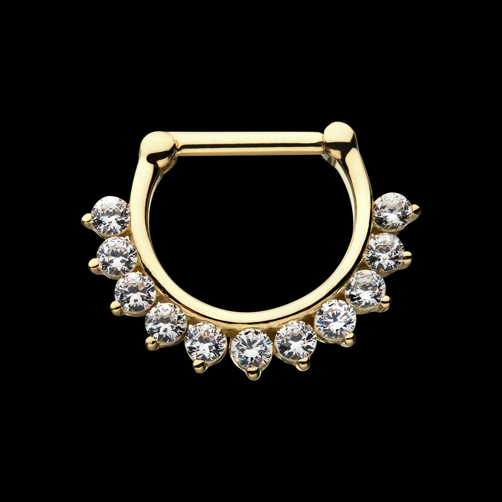 11 Prong Set 2mm Clear CZ Gems Septum Clicker Hoop Earring / Nosering – 14kt Yellow Gold