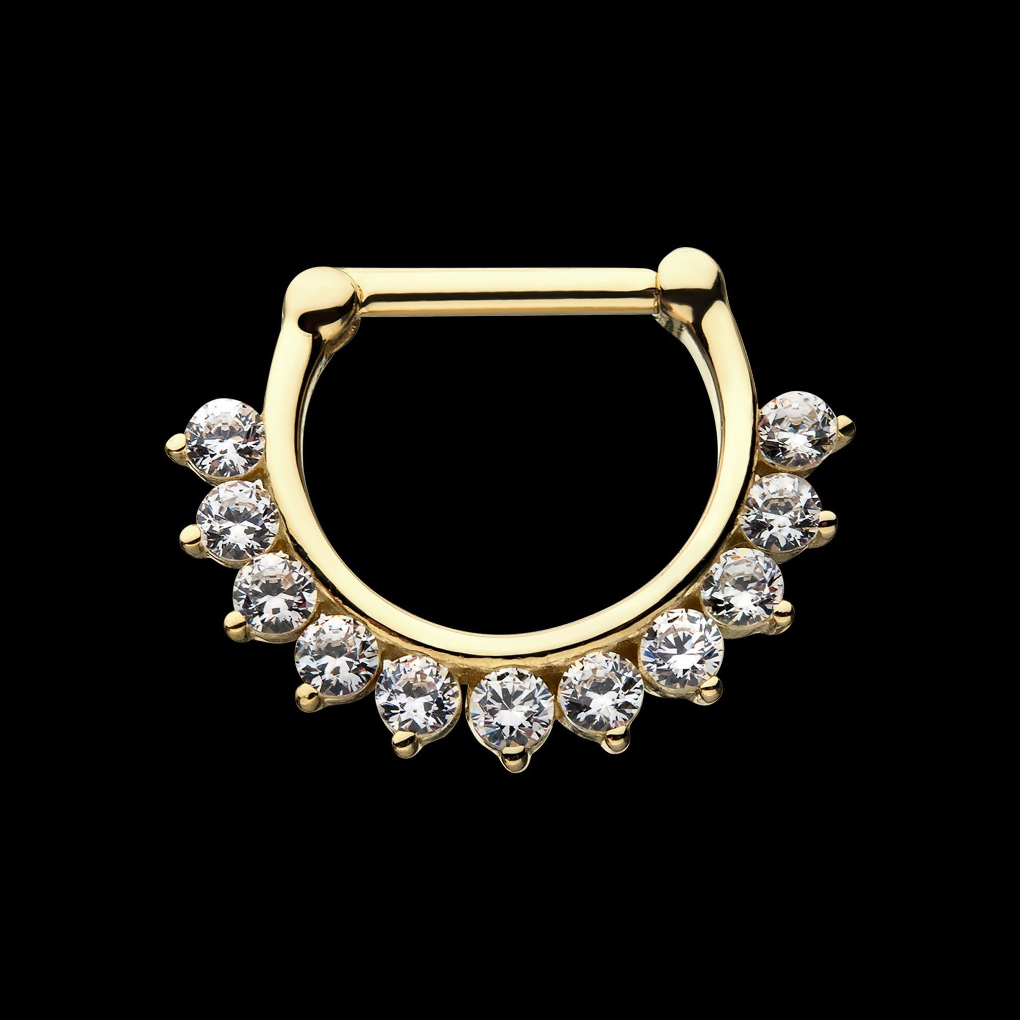 11 Prong Set 2mm Clear CZ Gems Septum Clicker Hoop Earring / Nosering – 14kt Yellow Gold