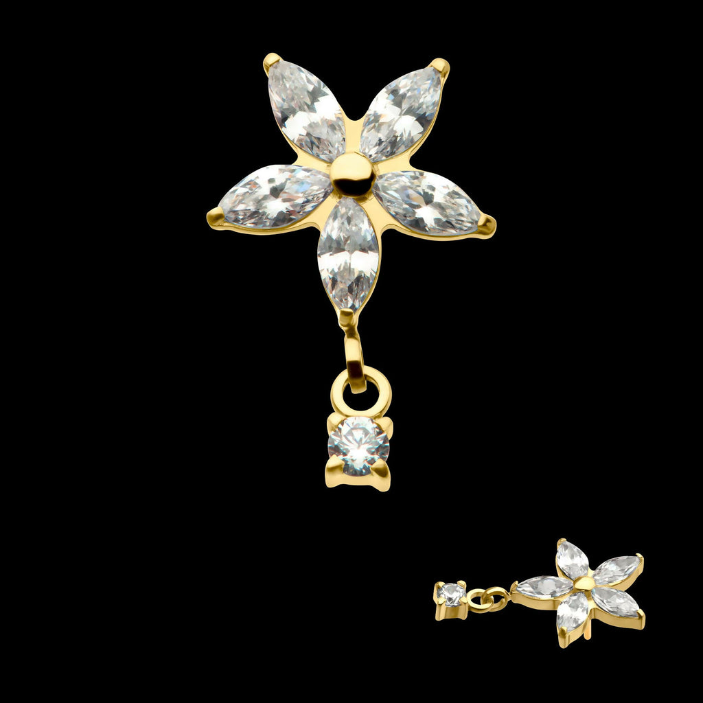 24Kt Gold PVD Titanium Threadless 5 Marquise CZ Flower Shape Top with Dangle Prong Set Round CZ
