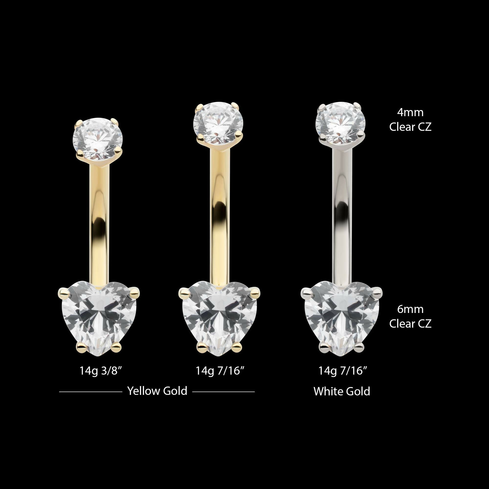 14Kt Gold Internally Threaded 4-Prong Round & Heart Clear CZ Fixed Bottom Navel