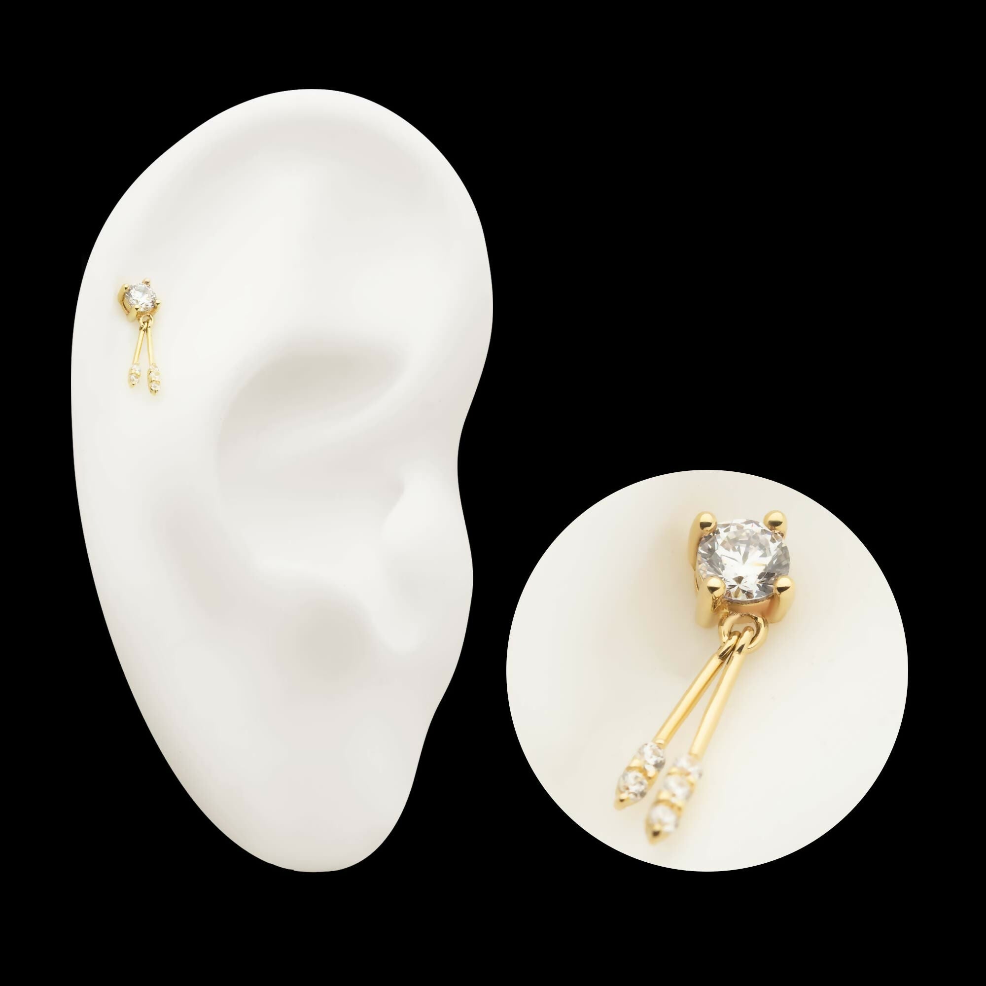 14Kt Gold Threadless Prong Set CZ Top with Gemmed Dangle Double Bar