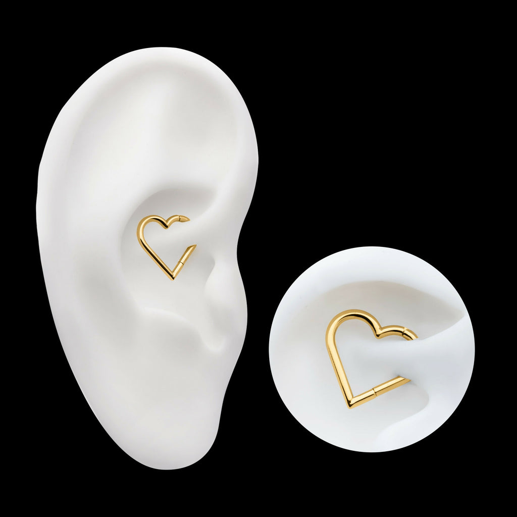 24Kt Gold PVD Titanium Heart Shape Hinged Segment Clicker Hoop Earring / Nosering
