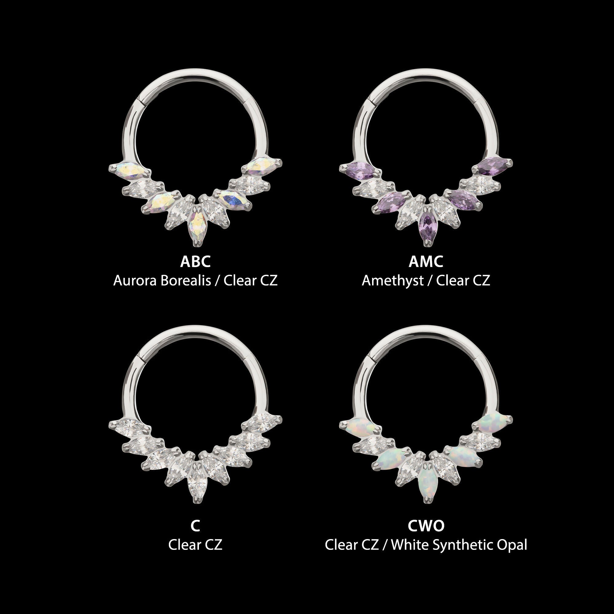9 Gem Marquise Cluster Front Facing Hinged Segment Clicker Hoop Earring / Nosering – Titanium