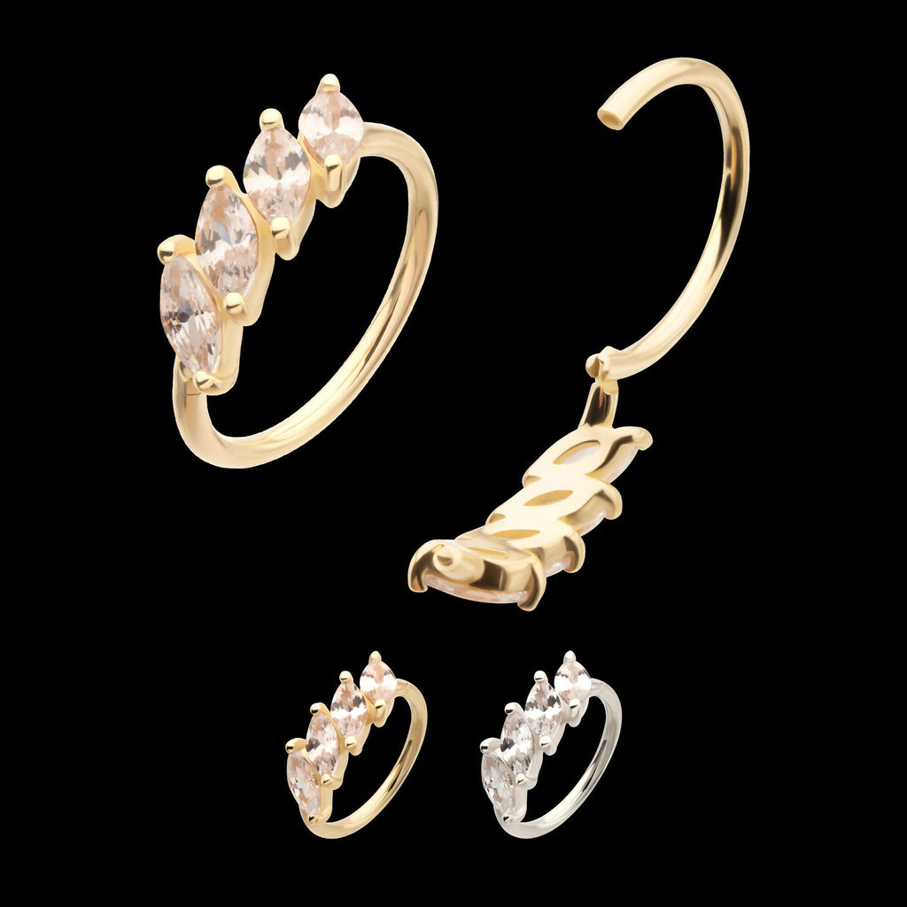 4 Marquise Staggered Cluster Prong Gem Side Facing Hinged Segment Clicker Hoop Earring / Nosering – 14Kt Gold