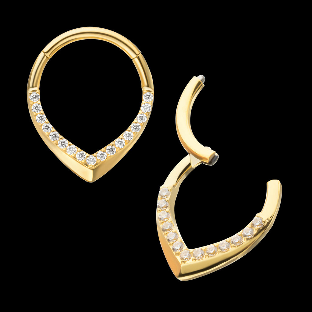 24Kt Gold PVD Titanium Pave Gem V-Shape Front Facing Hinged Segment Clicker Hoop Earring / Nosering