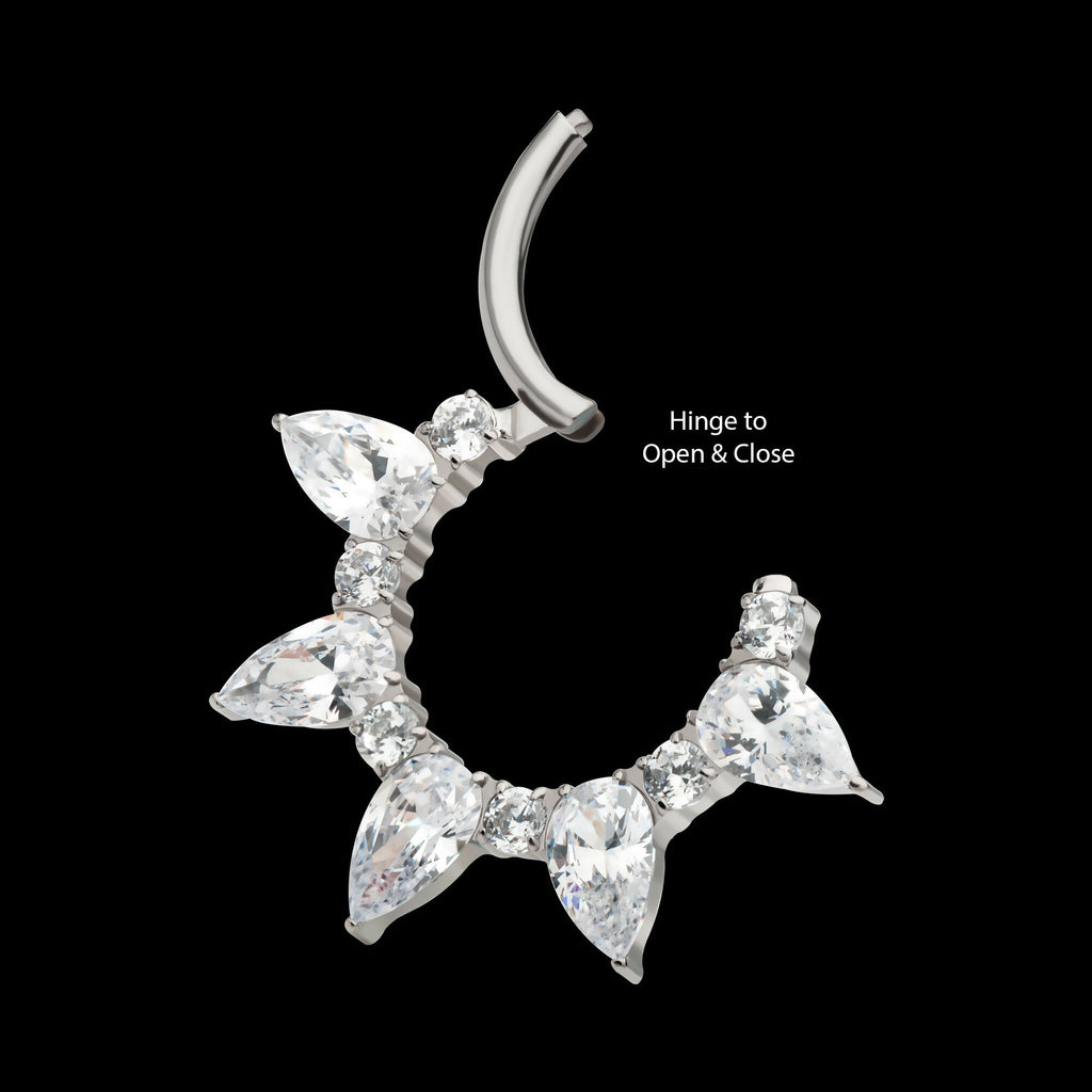 Clustered Prong Set Round & Teardrop CZ Front Facing Hinged Segment Clicker Hoop Earring / Nosering – Titanium