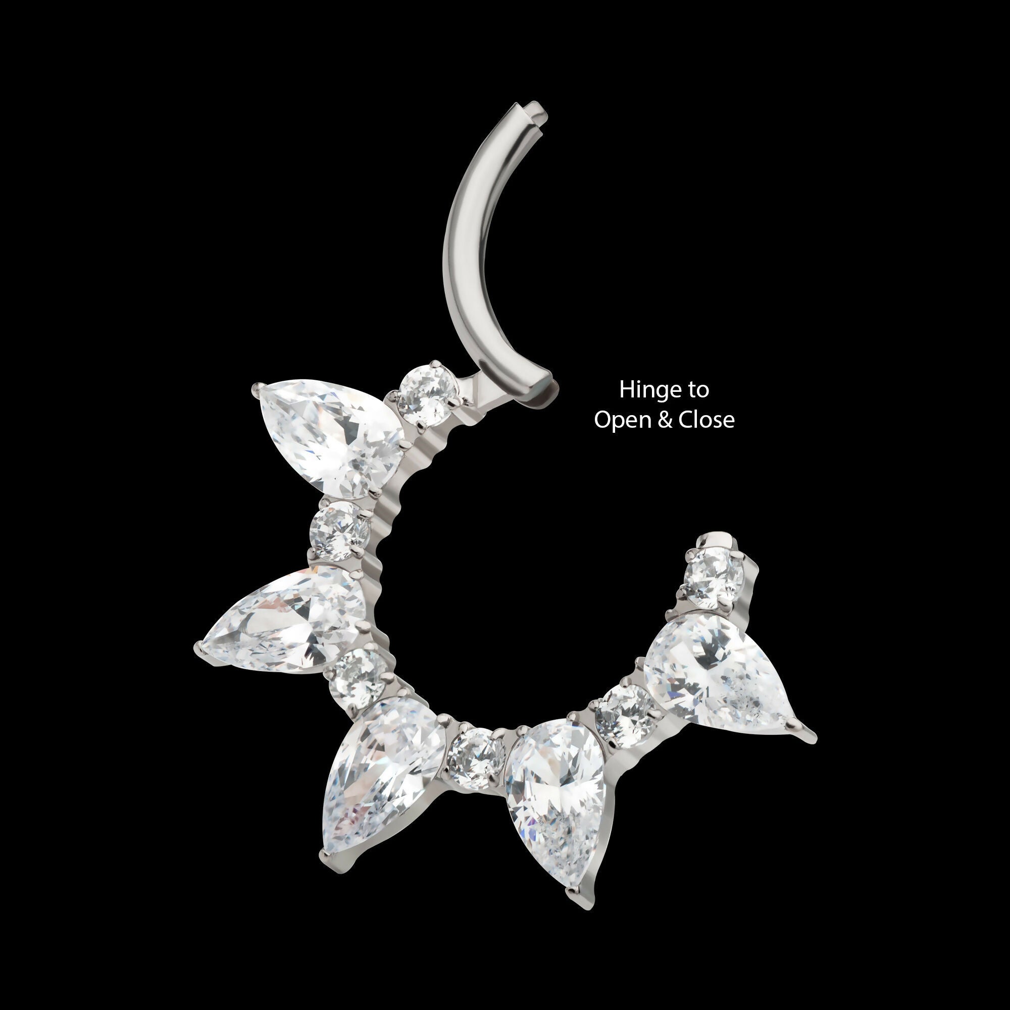 Clustered Prong Set Round & Teardrop CZ Front Facing Hinged Segment Clicker Hoop Earring / Nosering – Titanium