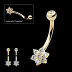 14Kt Gold Internally Threaded Round Clear CZ Flower Shape Fixed Bottom Navel