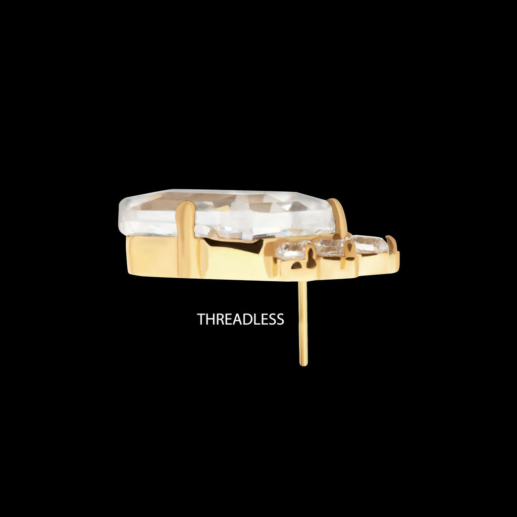 24Kt Gold PVD Titanium Threadless Prong Set Kite Shape CZ Top with 5-Cluster Round CZ