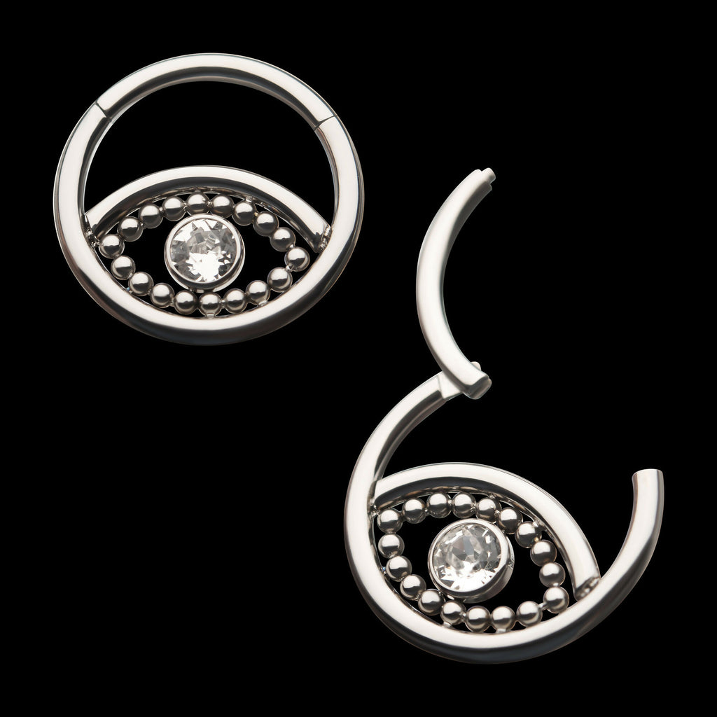 18-Beaded Bezel Set Clear CZ Evil Eye Front Facing Hinged Segment Clicker Hoop Earring / Nosering – Titanium