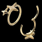 Pave Set Round Gem Double Star Side Facing Hinged Segment Clicker Hoop Earring / Nosering – 14Kt Yellow Gold