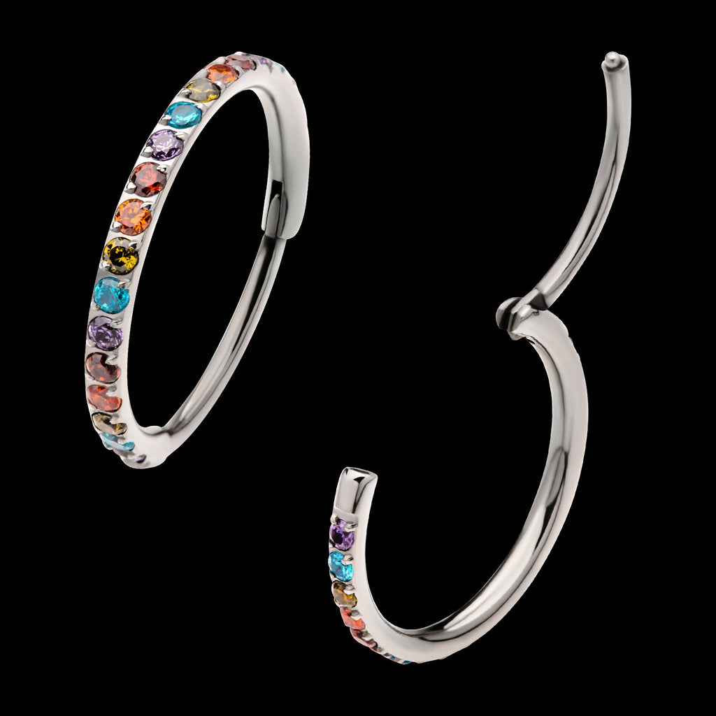 1mm CNC Set Rainbow Eternity CZ Titanium Side Facing Hinged Segment Clicker Hoop Earring / Nosering
