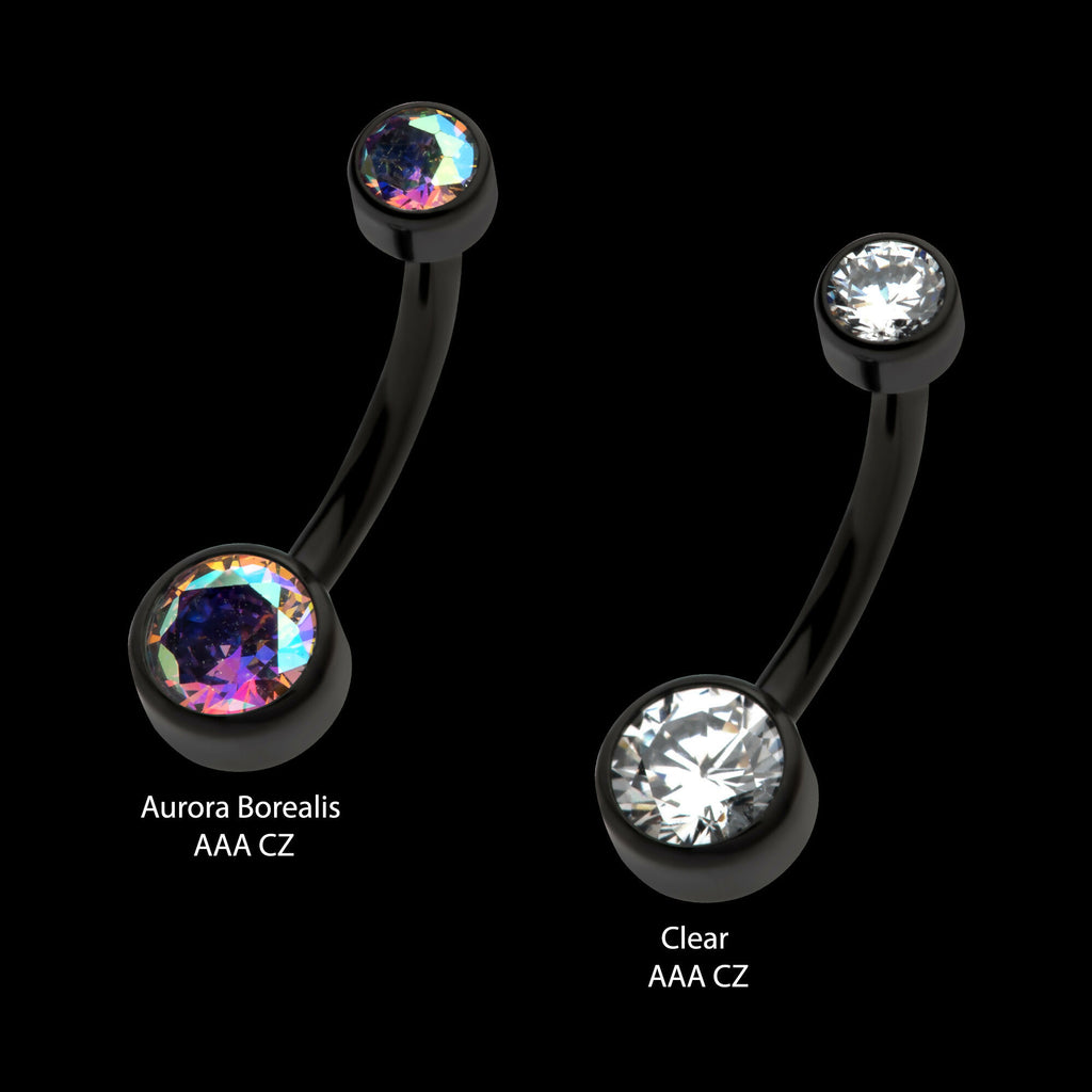 Black PVD Titanium Internally Threaded Bezel Set Double CZ Smooth Rounded Back Fixed Bottom Navel Ring Earring / Nosering