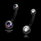 Black PVD Titanium Internally Threaded Bezel Set Double CZ Smooth Rounded Back Fixed Bottom Navel Ring Earring / Nosering