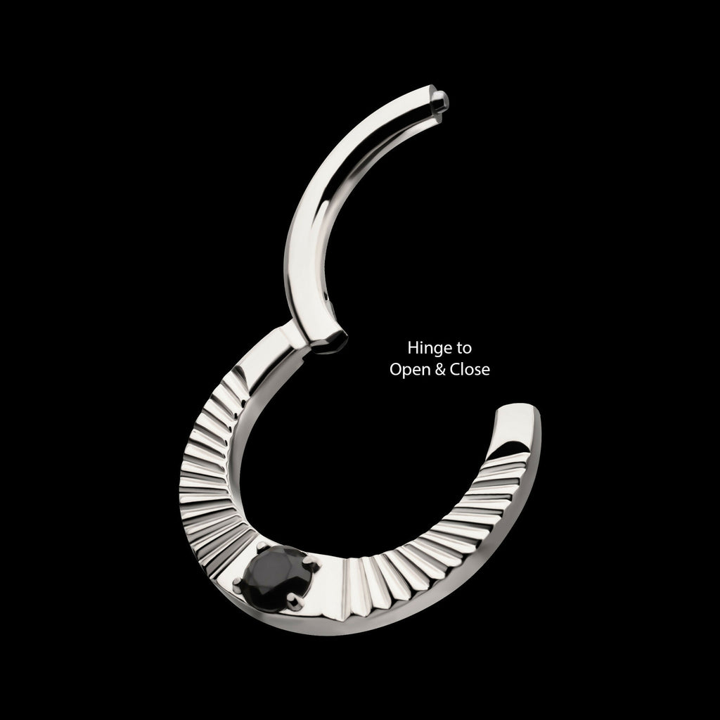 Radiant Hoop with Black Prong Set Gem Front Facing Hinged Segment Clicker Earring / Nosering – Titanium