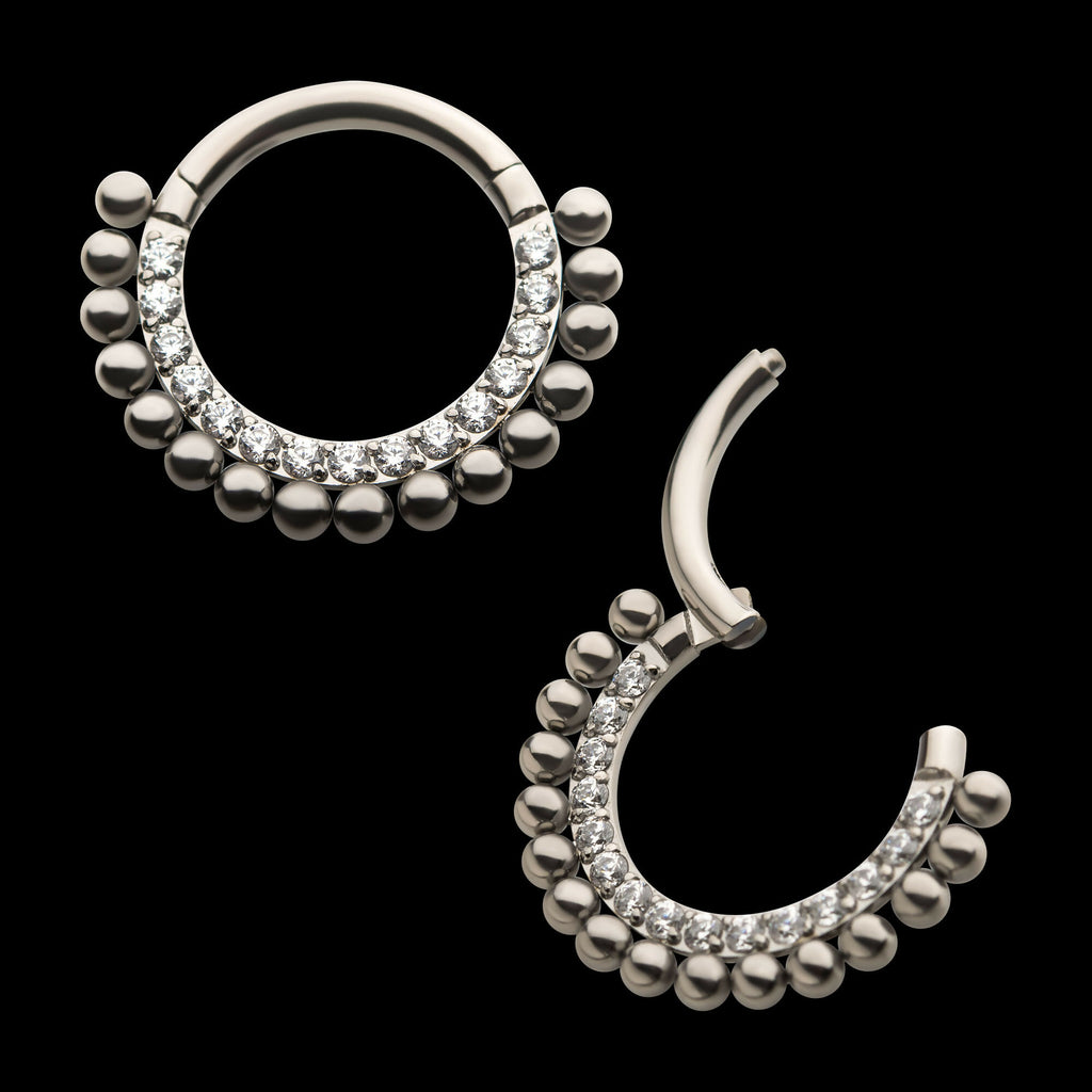 16-Beaded Prong Set Clear CZ Front Facing Hinged Segment Clicker Hoop Earring / Nosering – Titanium