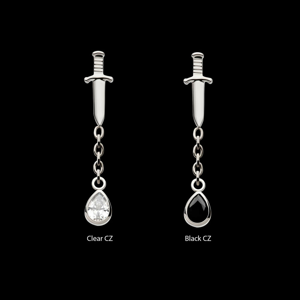 Titanium Threadless Dangle Chain Bezel Teardrop CZ Dagger Top
