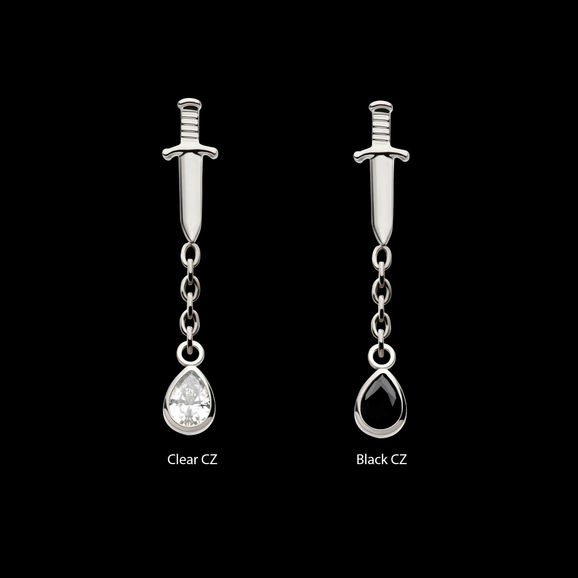 Titanium Threadless Dangle Chain Bezel Teardrop CZ Dagger Top