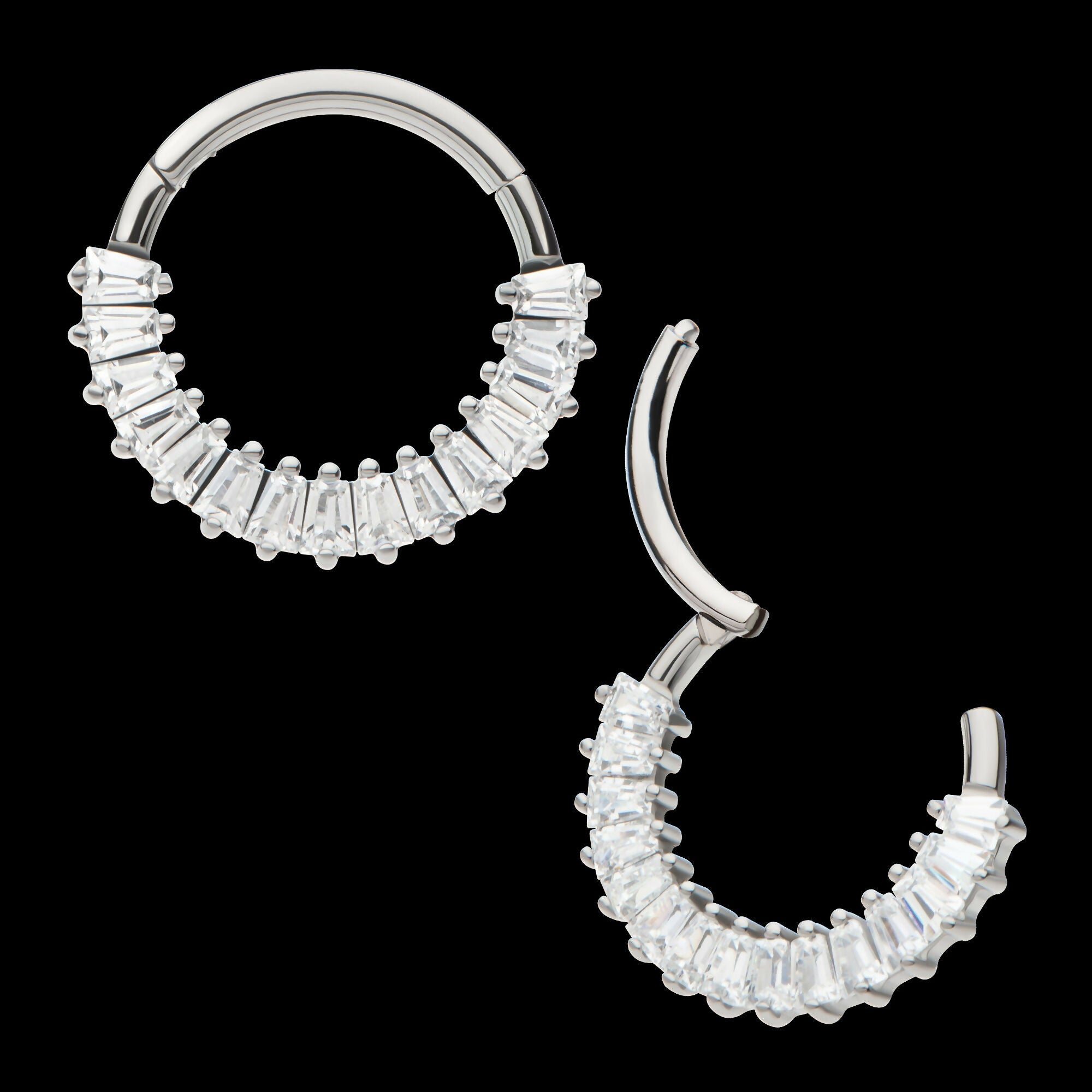 Pronged Baguette CZ Cluster Front Facing Hinged Segment Clicker Hoop Earring / Nosering – Titanium
