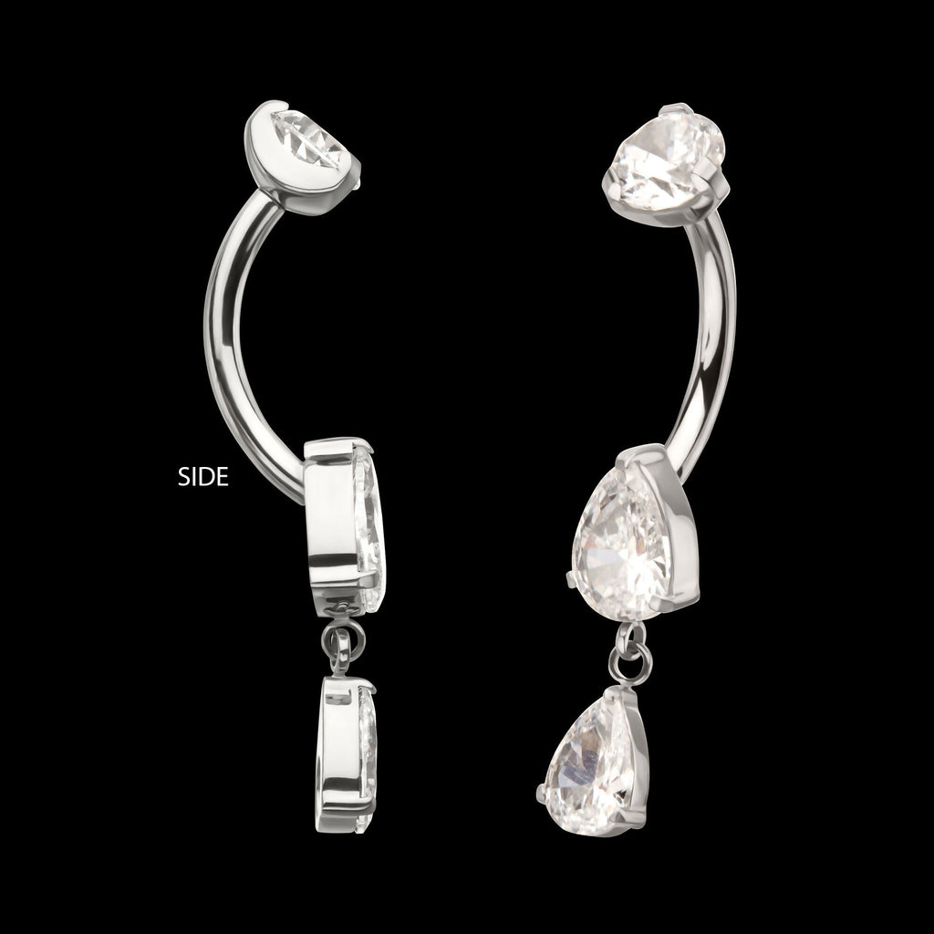Internally Threaded Double Dangle Prong Set Teardrop Gem Navel Earring / Nosering – Titanium