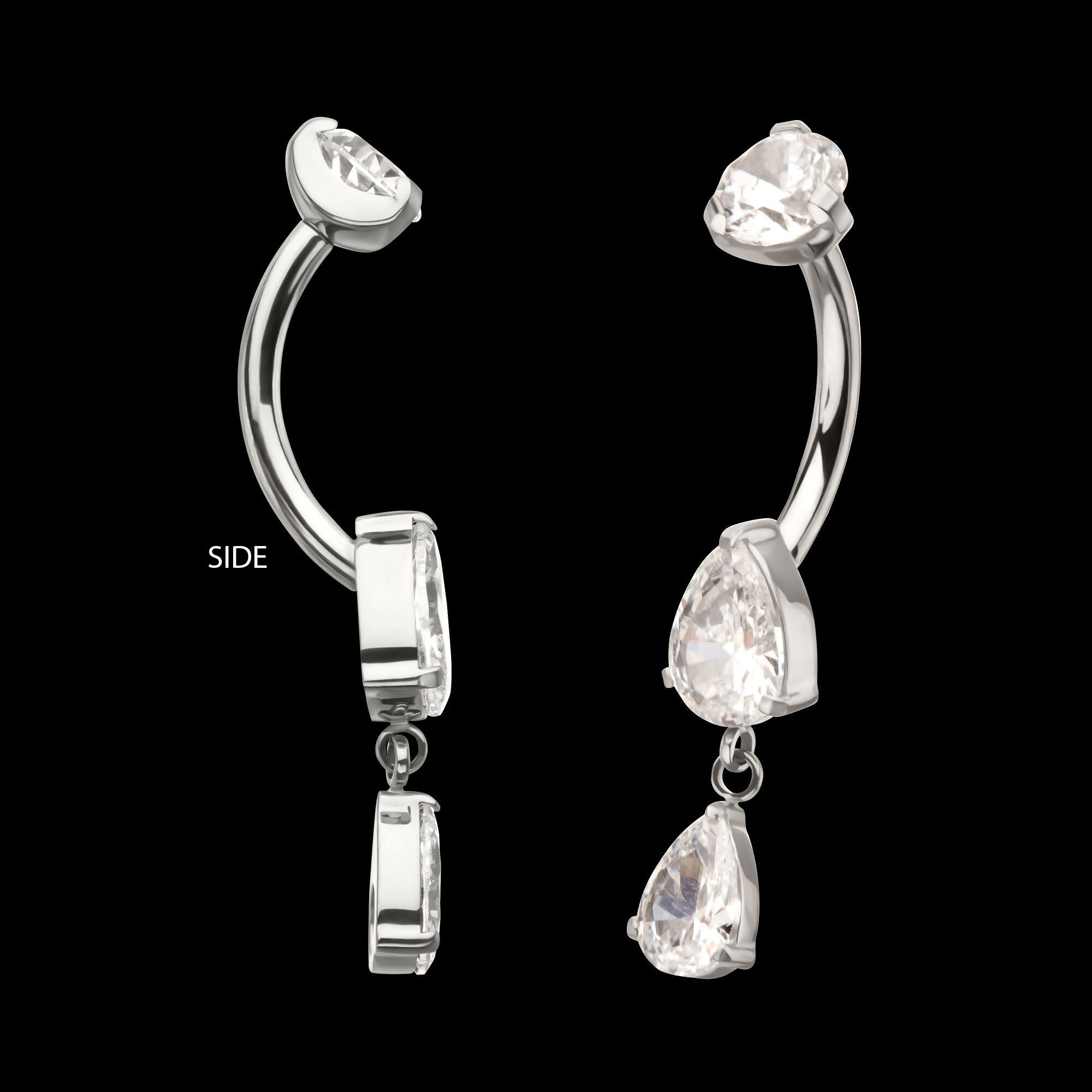 Internally Threaded Double Dangle Prong Set Teardrop Gem Navel Earring / Nosering – Titanium