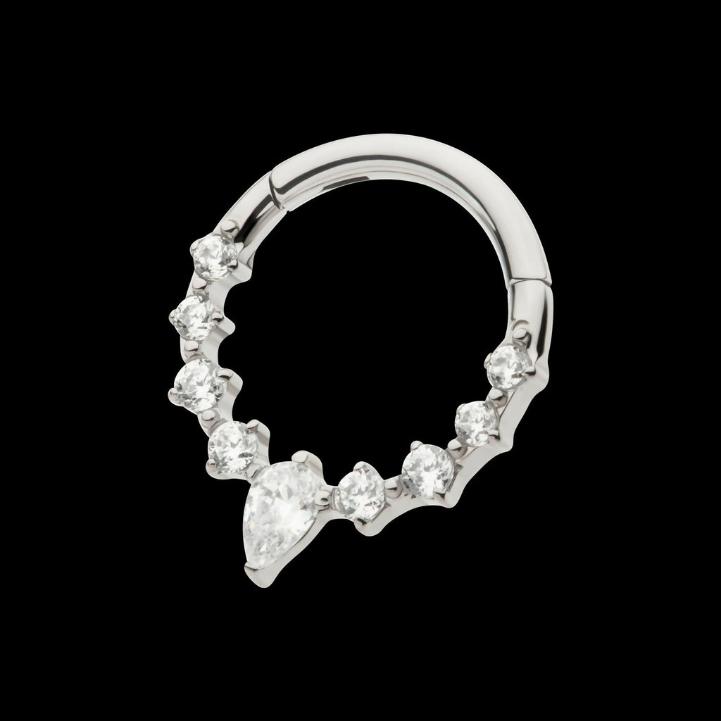 9-Cluster Prong Set Round & Teardrop CZ Front Facing Hinged Segment Clicker Hoop Earring / Nosering – Titanium