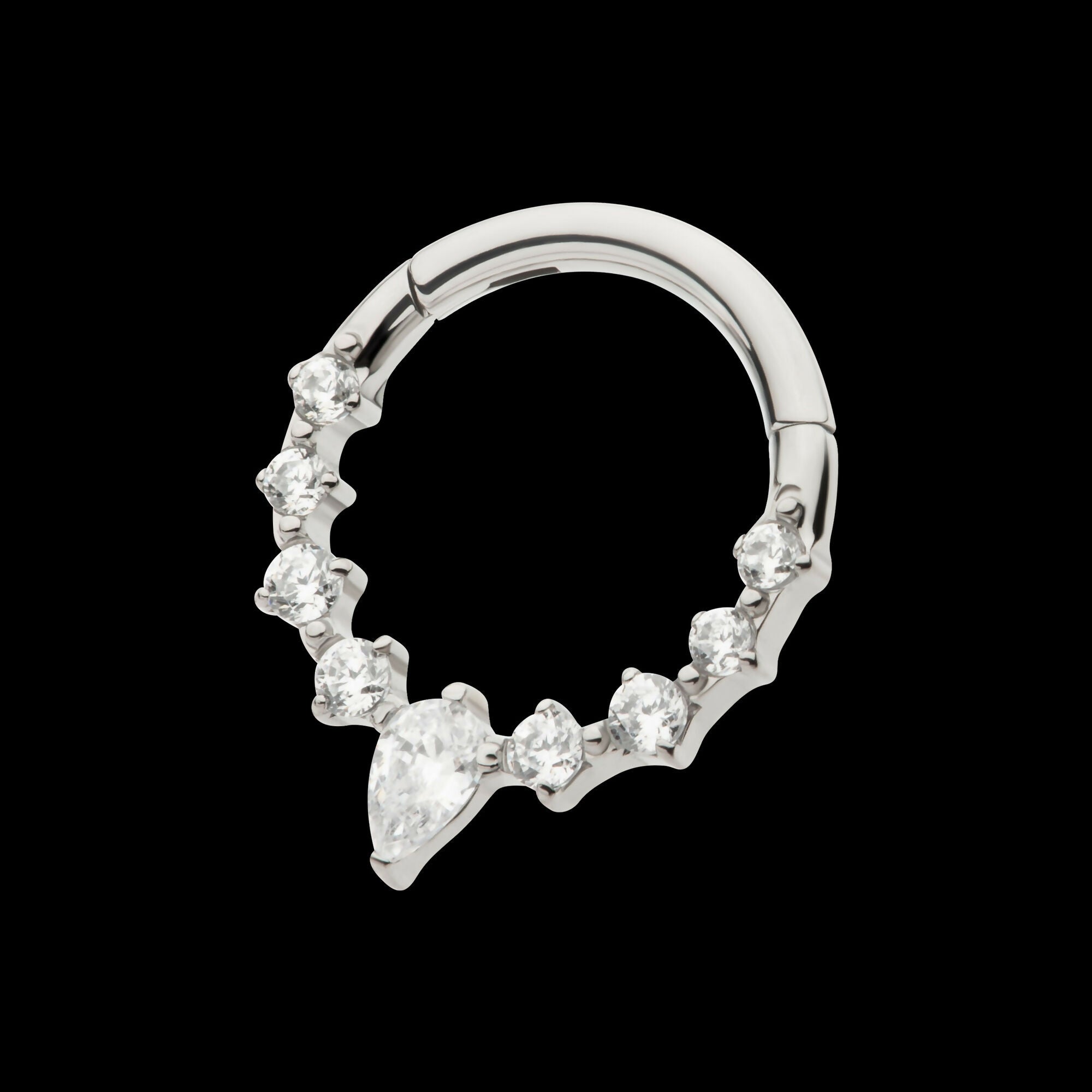 9-Cluster Prong Set Round & Teardrop CZ Front Facing Hinged Segment Clicker Hoop Earring / Nosering – Titanium