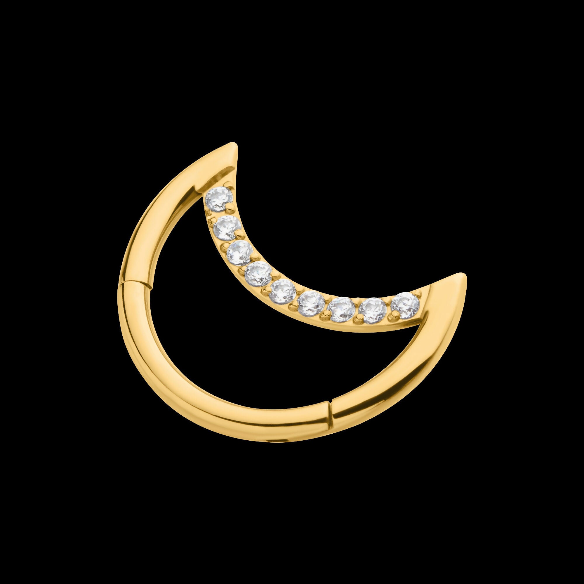 24Kt Gold PVD Titanium Crescent Moon with CZ Front Facing Hinged Segment Clicker Hoop Earring / Nosering