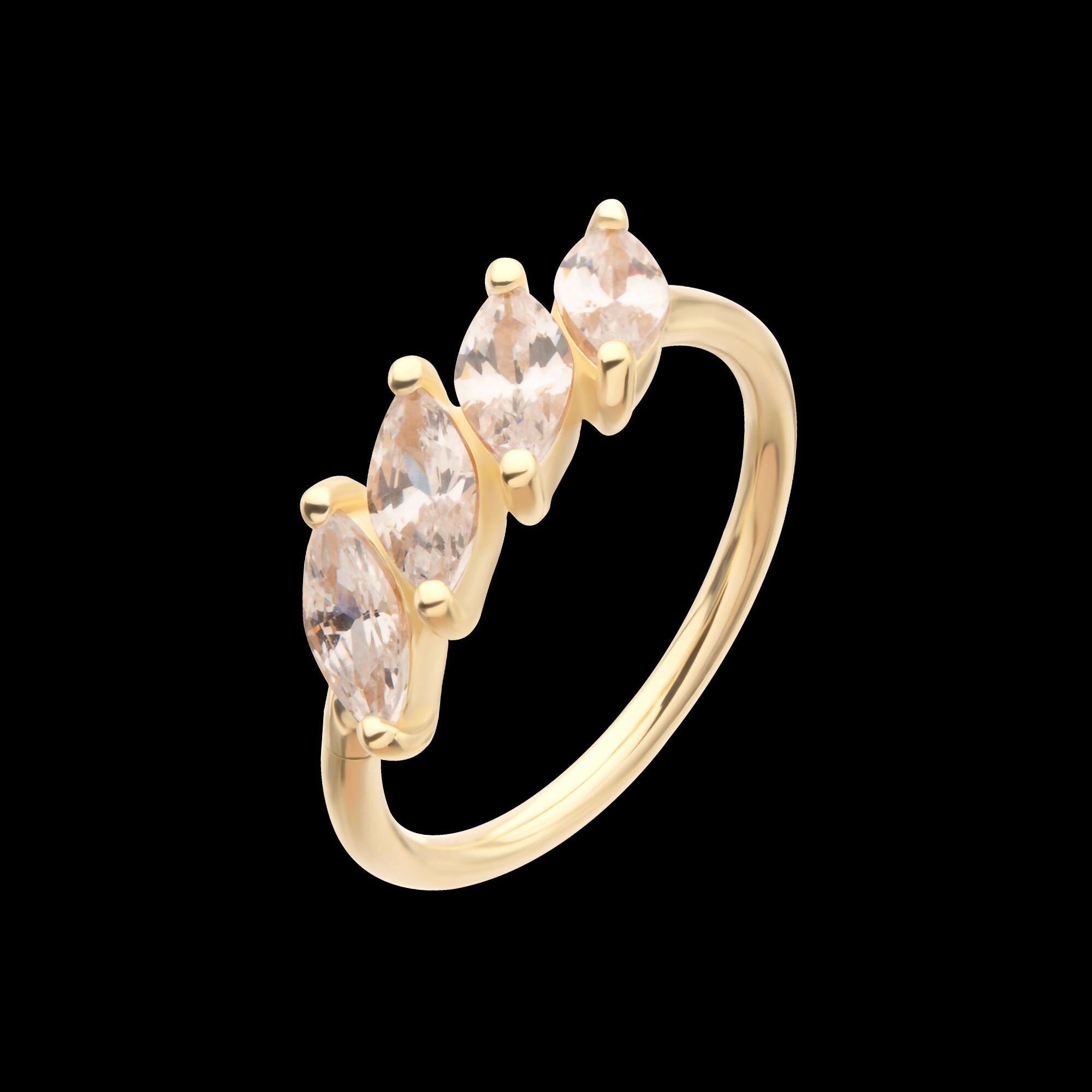 4 Marquise Staggered Cluster Prong Gem Side Facing Hinged Segment Clicker Hoop Earring / Nosering – 14Kt Gold