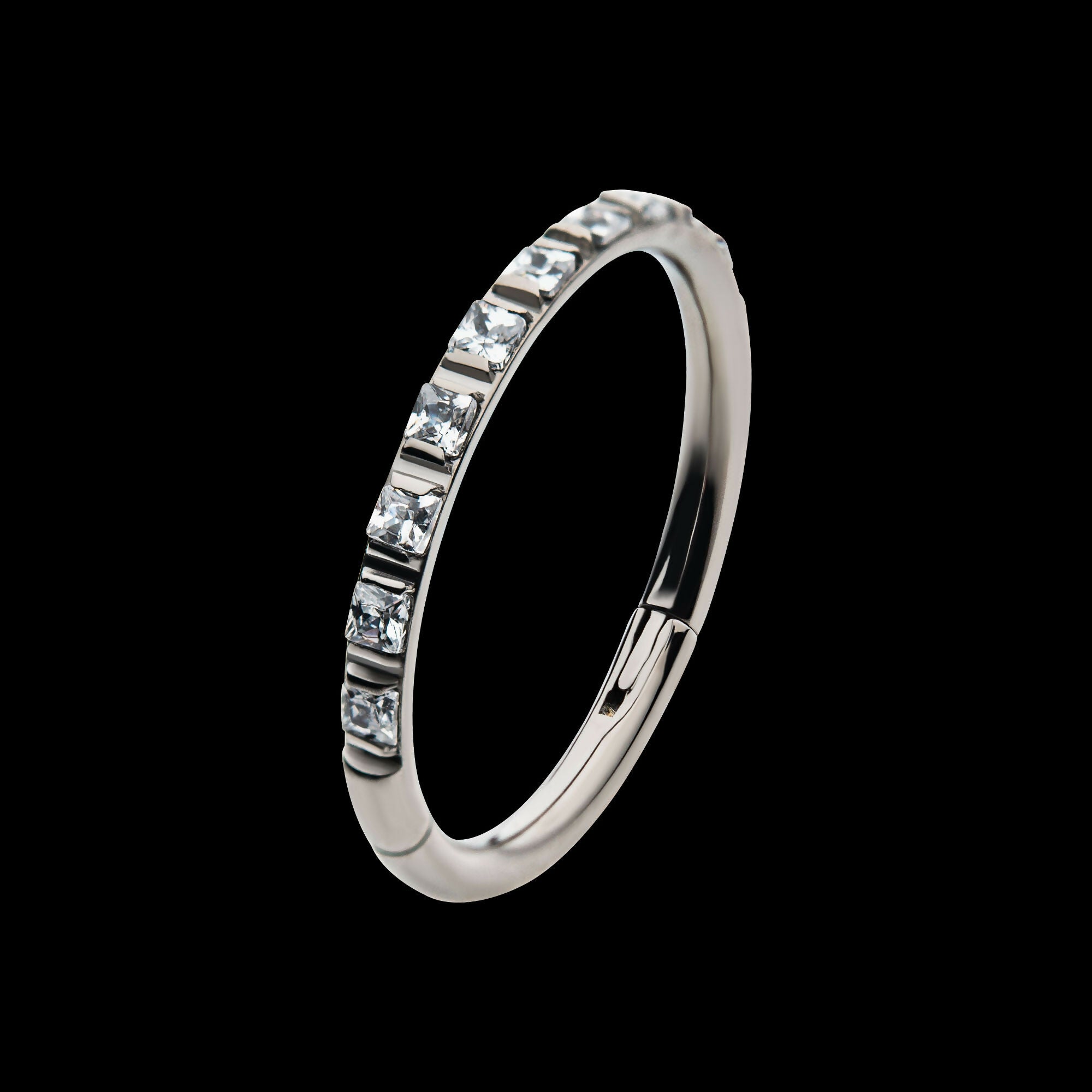 1mm Square Clear AAA CZ Side Facing Hinged Segment Clicker Hoop Earring / Nosering – Titanium