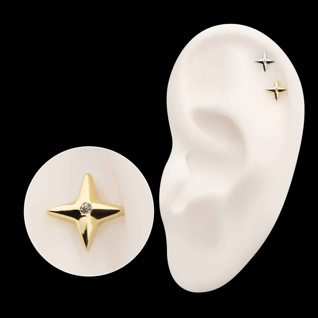 14Kt Gold Threadless Celestial Star with Central CZ Gem Top