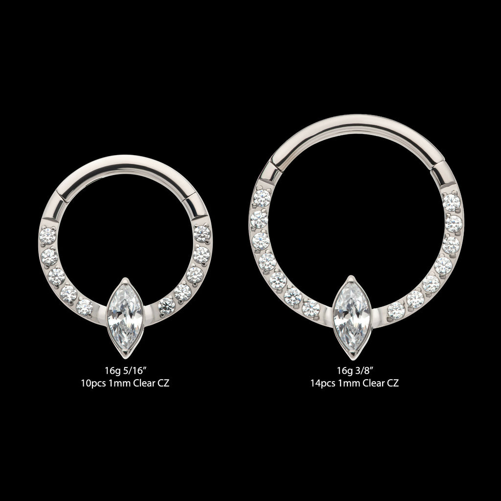 1mm CNC Set Full Clear CZ & Big Marquise CZ Front Facing Hinged Segment Clicker Hoop Earring / Nosering – Titanium