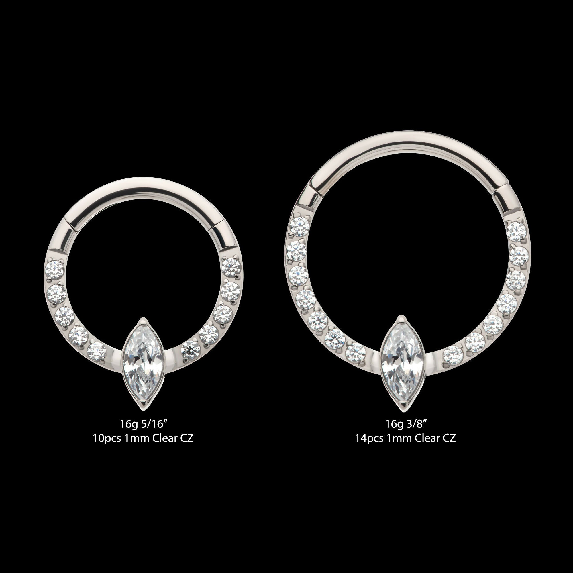 1mm CNC Set Full Clear CZ & Big Marquise CZ Front Facing Hinged Segment Clicker Hoop Earring / Nosering – Titanium