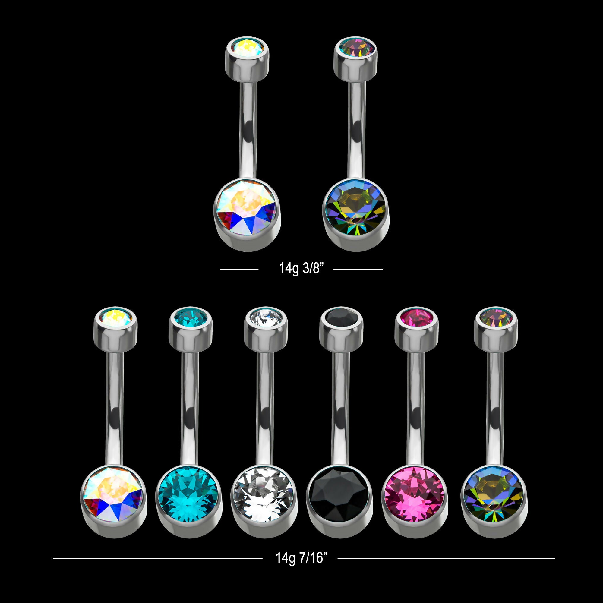 Internally Threaded with Flat Back Round Bezel Set Swarovski Crystal Navel Curves Earring / Nosering – Titanium