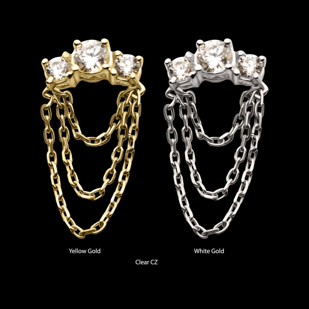 14Kt Gold Threadless Threadless 3-Cluster Prong Set Gem Top with 3-Tier Chain Dangle