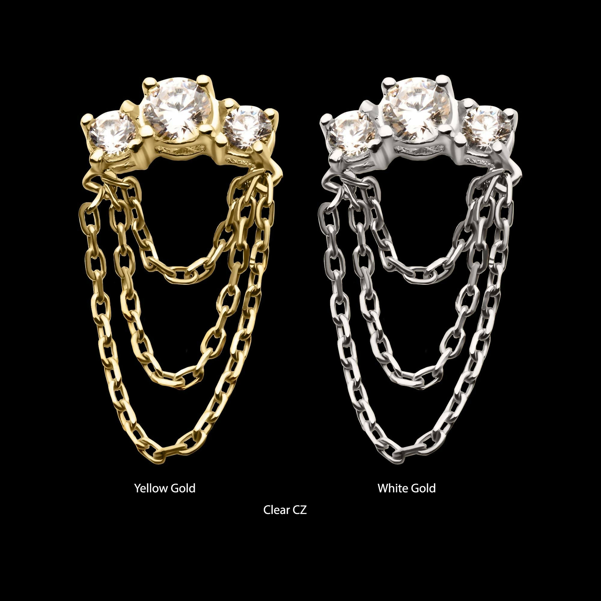 14Kt Gold Threadless Threadless 3-Cluster Prong Set Gem Top with 3-Tier Chain Dangle