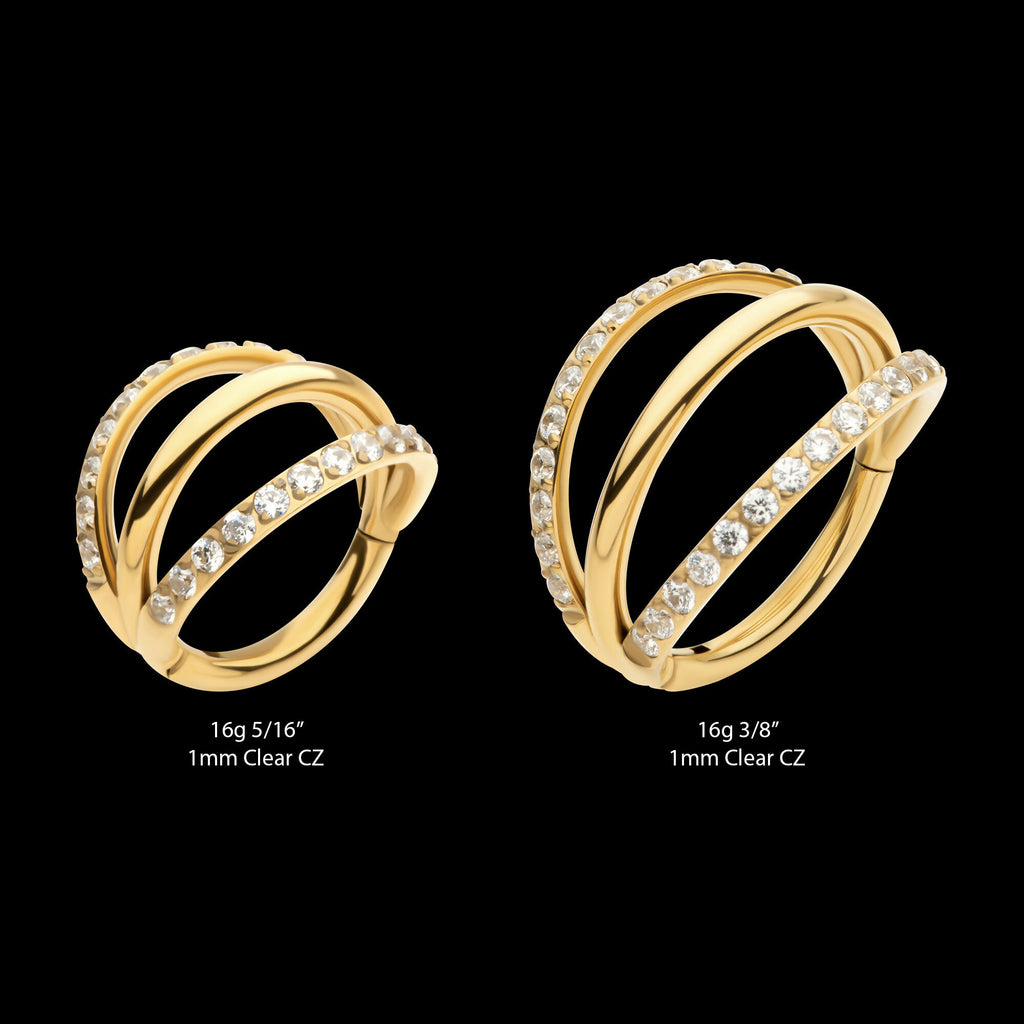 24Kt Gold PVD Titanium Triple Hoop with 1mm CNC Set Round Gem in 2 Alternate Hoops Side Facing Hinged Segment Clicker Earring / Nosering