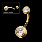 24Kt Gold PVD Titanium Internally Threaded Double Bezel Round with Smooth Rounded Back & Fixed Bottom Navel Earring / Nosering