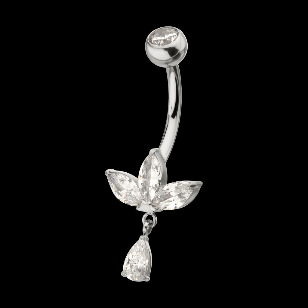 Internally Threaded Triple Marquise Gem Fan Navel with Floating Teardrop Gem Dangle Earring / Nosering – Titanium