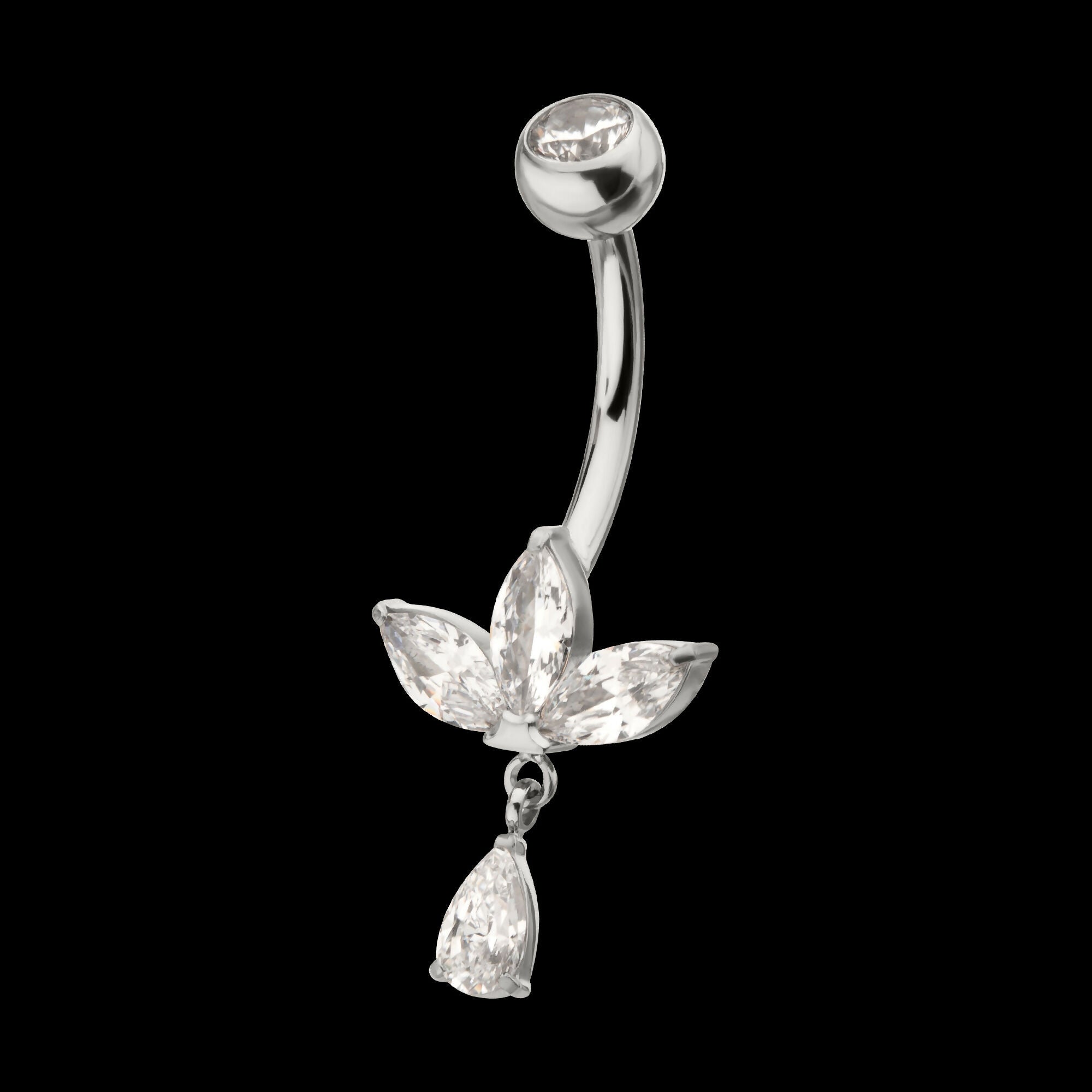Internally Threaded Triple Marquise Gem Fan Navel with Floating Teardrop Gem Dangle Earring / Nosering – Titanium