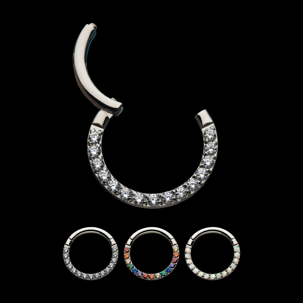Front Full Clear Eternity Gem Hinged Segment Clicker Hoop Earring / Nosering – Titanium