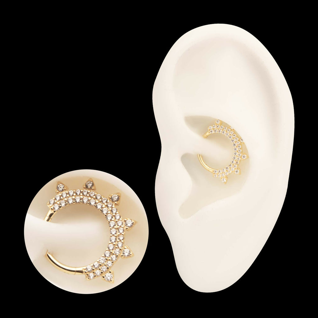 14Kt Yellow Gold Double Row Pave Gem with Spike Front Facing Hinged Segment Clicker