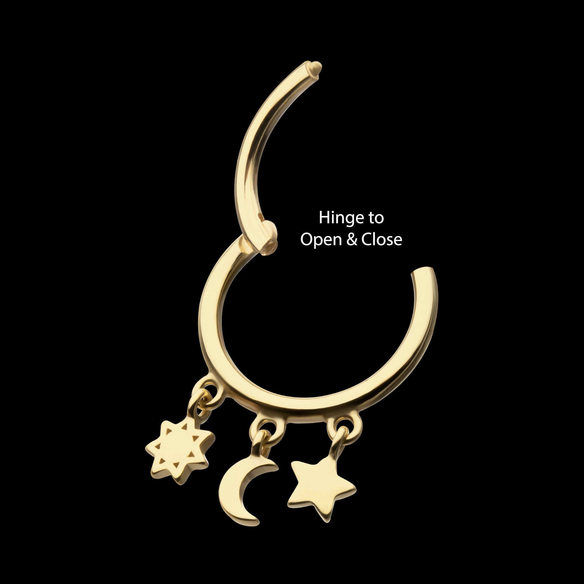 Stars & Moon Dangle Charm Hinged Segment Clicker Hoop Earring / Nosering – 14Kt Yellow Gold