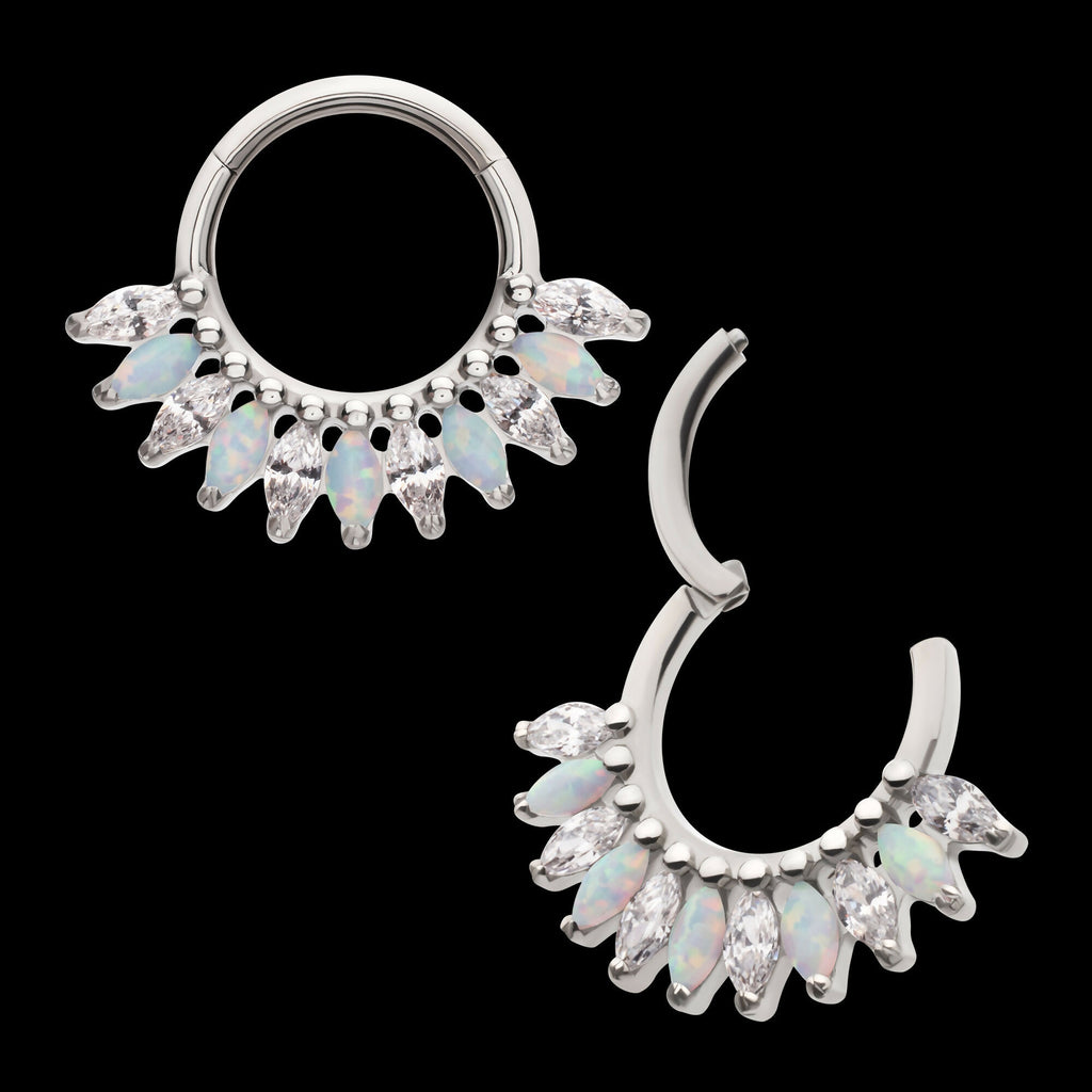 Prong Set Marquise Gem & Opal Cluster Fan Front Facing Hinged Segment Clicker Hoop Earring / Nosering – Titanium