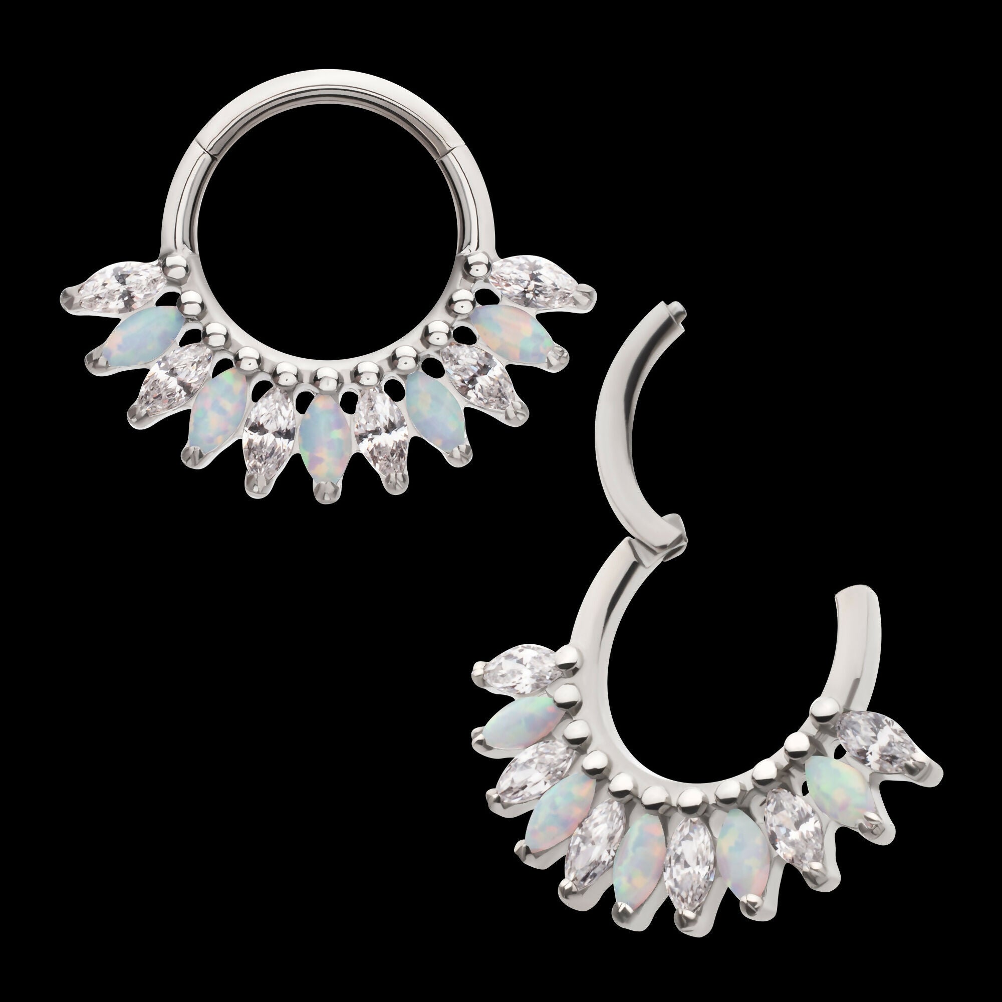 Prong Set Marquise Gem & Opal Cluster Fan Front Facing Hinged Segment Clicker Hoop Earring / Nosering – Titanium