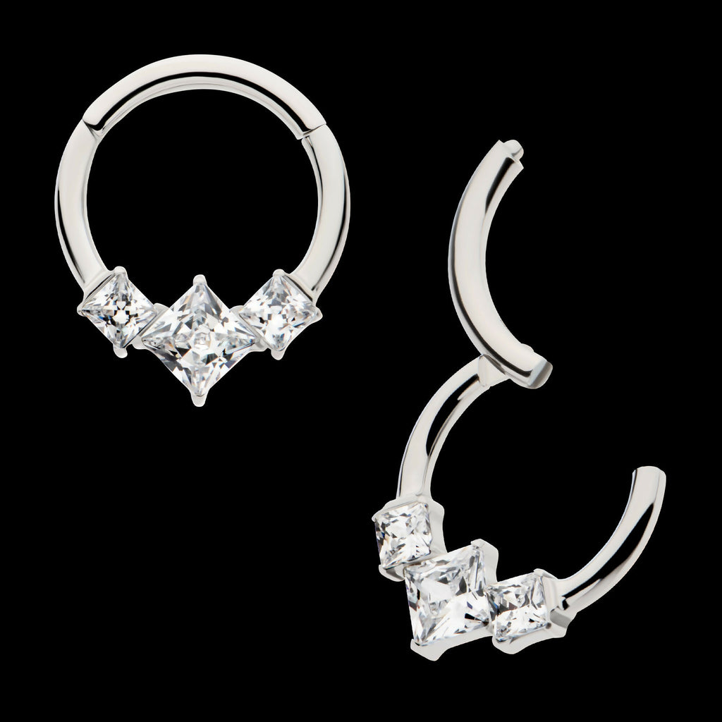 Clustered Prong Set Princess Gem Front Facing Hinged Segment Clicker Hoop Earring / Nosering – Titanium